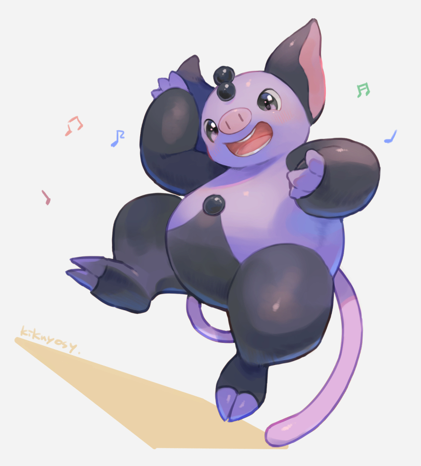 blush commentary full_body gen_3_pokemon grey_eyes grumpig highres kikuyoshi_(tracco) musical_note nintendo no_humans open_mouth pokemon pokemon_(creature) pokemon_focus signature solo teeth tongue