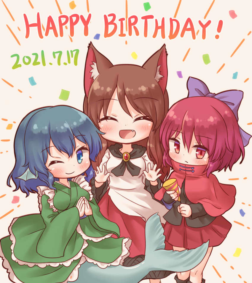 3girls :d ;) ^_^ animal_ear_fluff animal_ears arinu black_footwear black_shirt blue_eyes blue_hair brooch cloak closed_eyes closed_mouth confetti dated dress fang fins frilled_kimono frills grass_root_youkai_network green_kimono happy_birthday hat head_fins highres holding holding_unworn_clothes holding_unworn_hat imaizumi_kagerou japanese_clothes jewelry kimono long_sleeves looking_at_viewer mermaid monster_girl multicolored_dress multiple_girls one_eye_closed open_mouth own_hands_together party_hat red_dress red_eyes red_hair red_skirt sekibanki shirt short_hair simple_background skirt smile standing touhou two-tone_dress unworn_hat unworn_headwear wakasagihime white_dress wolf_ears