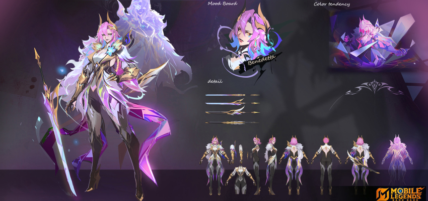 1girl boots character_name full_body gauntlets glowing glowing_sword glowing_weapon hair_between_eyes hand_on_own_hip high_heel_boots high_heels highres medium_hair original pink_hair planted planted_sword planted_weapon reference_sheet smjim1986 sword weapon yellow_eyes yellow_gauntlets