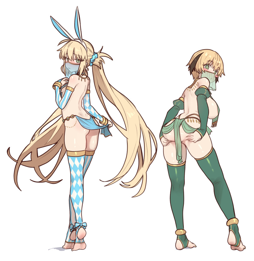 2girls absurdres adapted_costume alternate_breast_size_(larger) animal_ears anklet artoria_caster_(fate) artoria_caster_(swimsuit_berserker)_(second_ascension)_(fate) artoria_pendragon_(fate) ass bad_link blonde_hair blue_gloves blue_thighhighs breasts bridal_gauntlets dimples_of_venus ebora elbow_gloves fake_animal_ears fate/grand_order fate_(series) from_behind full_body gareth_(fate) gloves grabbing_own_ass green_eyes green_gloves green_thighhighs harem_outfit highres jewelry large_breasts long_hair looking_at_viewer mouth_veil multiple_girls rabbit_ears short_hair small_breasts stirrup_legwear thighhighs toeless_legwear twintails veil white_background