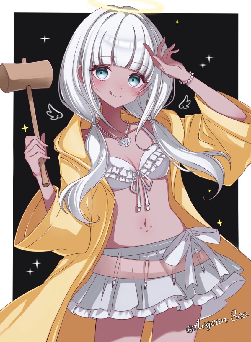 1girl aegean_sea artist_name bead_bracelet bead_necklace beads bikini bikini_top_only black_background blunt_bangs border bow bracelet commentary_request cowboy_shot danganronpa_(series) danganronpa_v3:_killing_harmony dark-skinned_female dark_skin drawn_wings four-pointed_star frilled_bikini frilled_skirt frills ganguro gyaru halo hammer hand_to_head hands_up highres holding holding_hammer jewelry layered_skirt long_hair low_twintails miniskirt navel_piercing necklace paintbrush piercing raincoat shell shell_necklace sidelocks skirt solo swimsuit traditional_halo twintails two-tone_background white_bikini white_border white_bow white_hair white_skirt wide_sleeves wings yellow_halo yellow_raincoat yonaga_angie