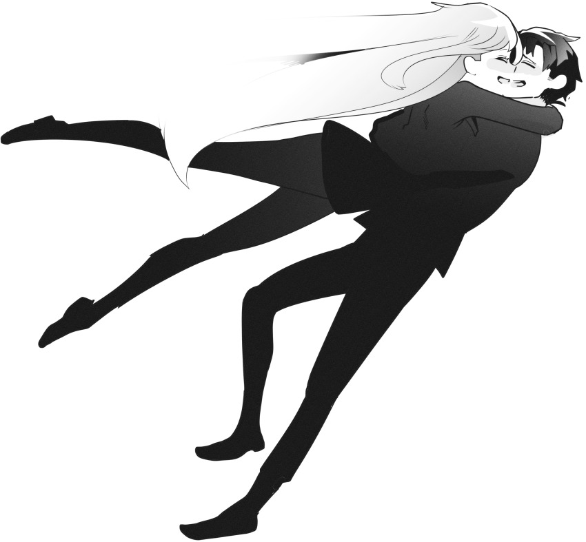 1boy 1girl absurdres angelica_(project_moon) blush closed_eyes formal_clothes from_side full_body greyscale happy highres hug husband_and_wife jacket library_of_ruina long_hair madotsuki_ren monochrome nose_blush open_mouth pants profile project_moon roland_(project_moon) shoes simple_background smile suit tackle very_long_hair