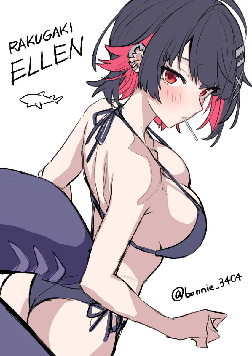 1girl absurdres alternate_costume ass baffu breasts candy colored_inner_hair ellen_joe fins fish_tail food highres lollipop looking_at_viewer multicolored_hair red_eyes shark_girl shark_tail simple_background solo strap_gap tail twitter_username white_background zenless_zone_zero