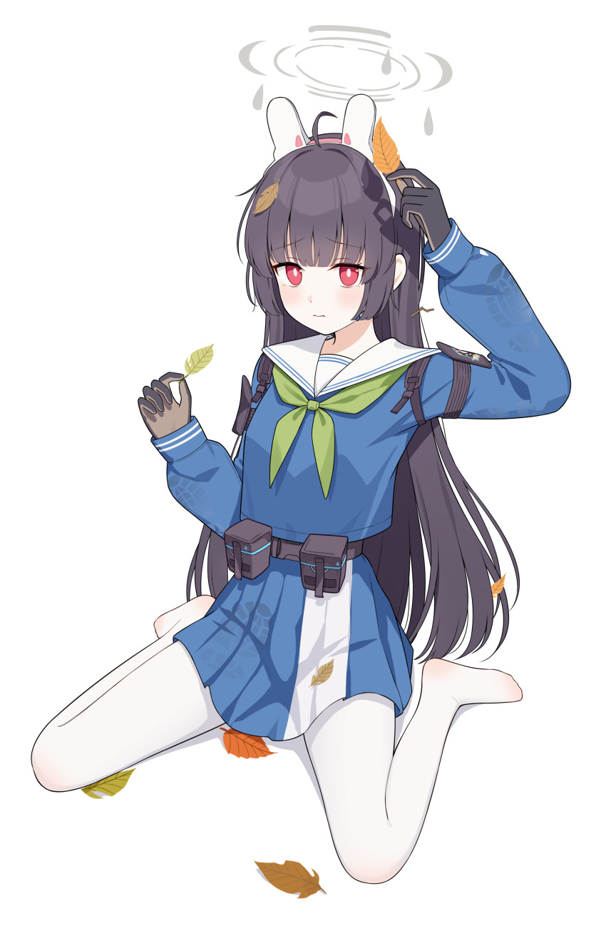 1girl absurdres animal_ear_hairband animal_ears arm_up black_gloves black_hair blue_archive blue_eyes blue_shirt blue_skirt blunt_bangs closed_mouth commentary_request fake_animal_ears gloves green_neckerchief grey_halo hairband halo highres holding holding_leaf leaf leaf_on_head long_hair looking_at_viewer miyu_(blue_archive) neckerchief no_shoes pantyhose pleated_skirt rabbit_ear_hairband rabbit_ears red_eyes school_uniform serafuku shirt simple_background sitting skirt solo wariza white_background white_pantyhose xiangmaofaqijuedou