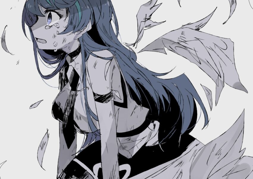1girl alternate_form armband black_armband black_dress black_necktie blue_angel_(yu-gi-oh!) blue_eyes blue_hair breasts broken_wing crying crying_with_eyes_open dappled_sunlight defeat despair dirty dirty_clothes dirty_face dress dress_shirt facing_to_the_side feathered_wings feathers hair_down hands_on_ground kneeling leaning_forward long_hair looking_to_the_side medium_breasts nanashiba_(banntlla) necktie on_ground open_mouth partially_colored shirt sleeveless sleeveless_shirt sunlight teardrop tearing_up tears white_background white_dress white_feathers white_shirt white_wings wings yu-gi-oh! yu-gi-oh!_vrains zaizen_aoi