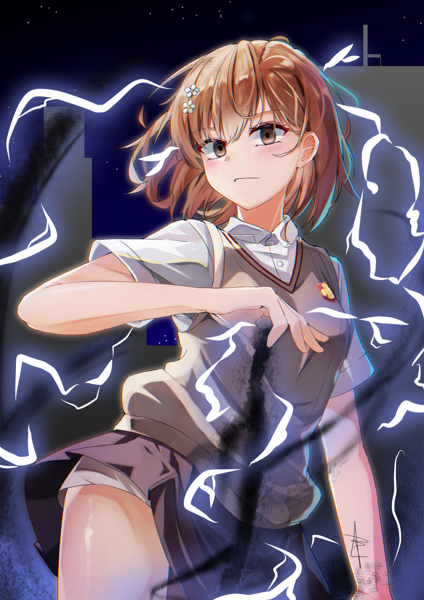 1girl absurdres brown_eyes brown_hair brown_sweater_vest closed_mouth collared_shirt dark_background electricity electrokinesis emblem empty_eyes expressionless grey_skirt hair_ornament hairpin highres lichael looking_at_viewer magnetism medium_hair metal metal_sand misaka_mikoto pleated_skirt psychic school_emblem school_uniform shirt short_sleeves shorts shorts_under_skirt signature skirt solo summer_uniform sweater_vest toaru_kagaku_no_railgun toaru_majutsu_no_index tokiwadai_school_uniform white_shirt white_shorts