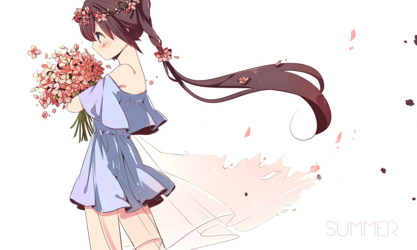 1girl blue_dress blue_eyes bouquet brown_hair dress female_focus flower hair_flower hair_ornament head_wreath highres holding holding_flower jpeg_artifacts kexi_shi_ge_hentai long_hair off-shoulder_dress off_shoulder original petals ponytail simple_background solo summer white_background
