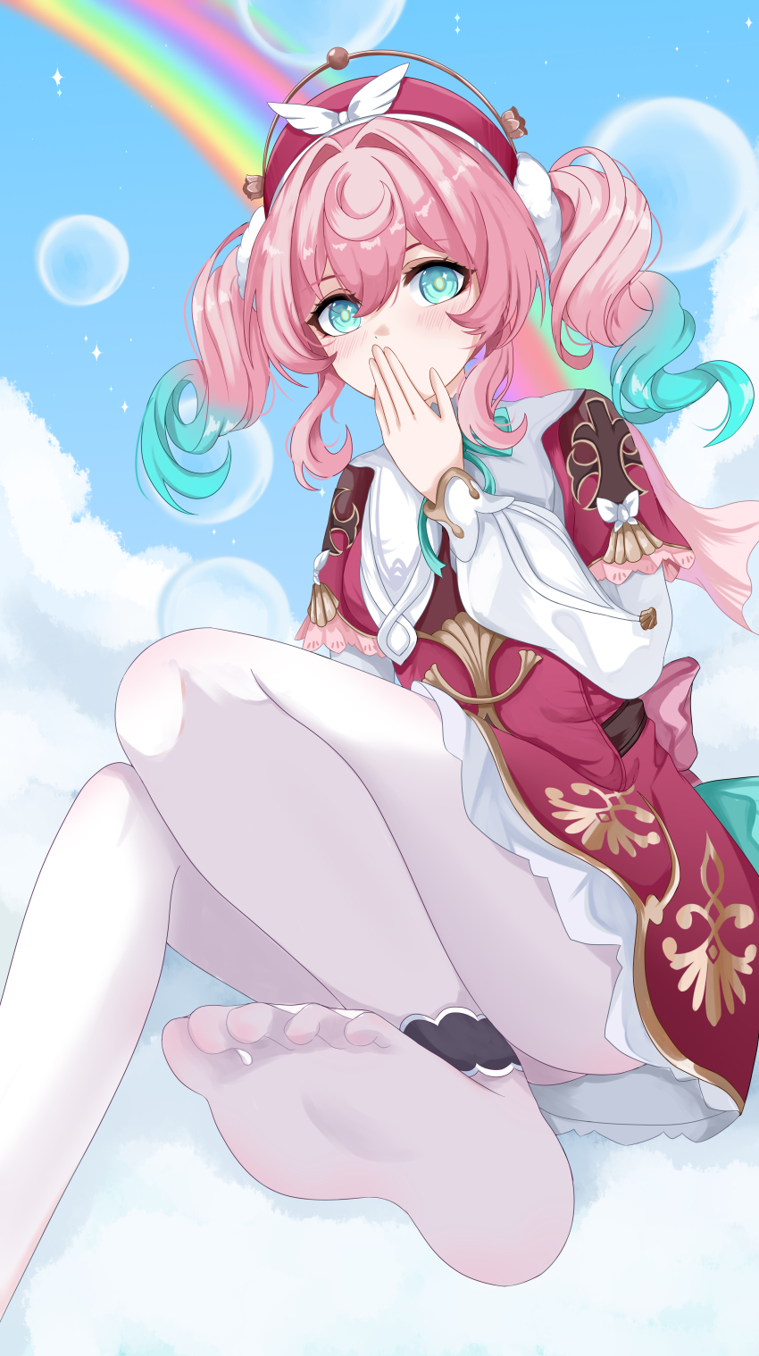 1girl absurdres aqua_eyes aqua_hair blue_sky bubble chinese_commentary cloud commentary_request dress drill_hair feet foot_focus hat highres honkai:_star_rail honkai_(series) hyacine_(honkai:_star_rail) multicolored_hair no_shoes pantyhose pink_hair rainbow red_dress red_hat s956448903 sky soles solo toes twin_drills two-tone_hair white_pantyhose