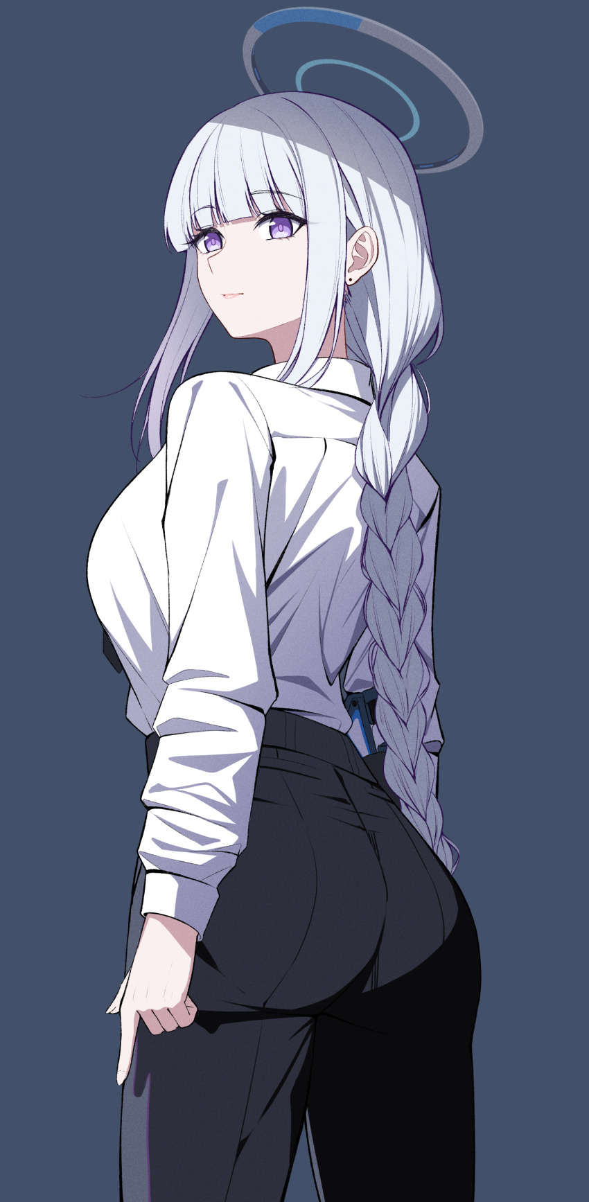 1girl absurdres ass black_pants blue_archive chainsaw_man closed_mouth commentary cosplay from_behind grey_background halo highres long_hair long_sleeves looking_at_viewer looking_back low-braided_long_hair low-tied_long_hair makima_(chainsaw_man) makima_(chainsaw_man)_(cosplay) mechanical_halo noa_(blue_archive) pants purple_eyes reia_76 shirt shirt_tucked_in simple_background solo very_long_hair white_halo white_shirt