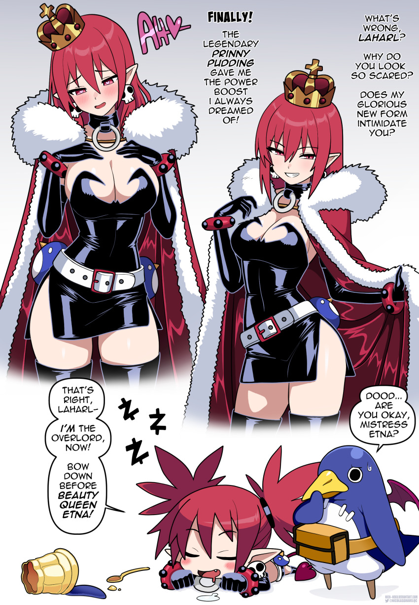 1girl absurdres aged_up alternate_breast_size belt belt_buckle black_choker black_dress black_gloves blush breasts buckle cape choker crown demon_girl disgaea dress earrings elbow_gloves english_text etna_(disgaea) food fur-trimmed_cape fur_trim gloves gradient_background grey_background highres jewelry leather leather_choker leather_dress leather_gloves long_hair nico-neko o-ring o-ring_choker pointy_ears prinny pudding red_cape red_eyes red_hair simple_background skull_earrings speech_bubble spoon white_background white_belt