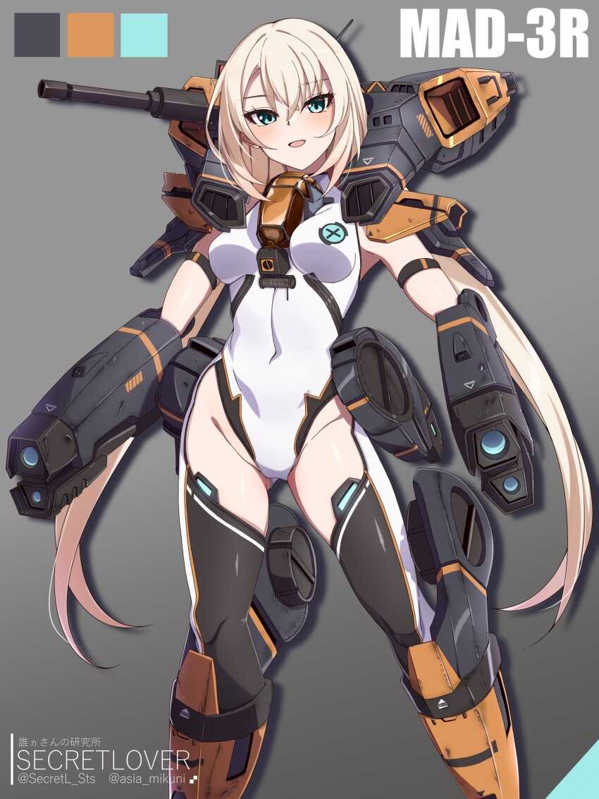 1girl absurdres aqua_eyes armor battletech black_thighhighs blonde_hair blue_eyes breasts character_name covered_navel green_eyes grey_background gun highleg highres humanization leotard long_hair looking_at_viewer low_twintails mecha_musume medium_breasts missile_pod open_mouth personification science_fiction sebunsu shoulder_cannon smile solo thighhighs twintails weapon white_leotard