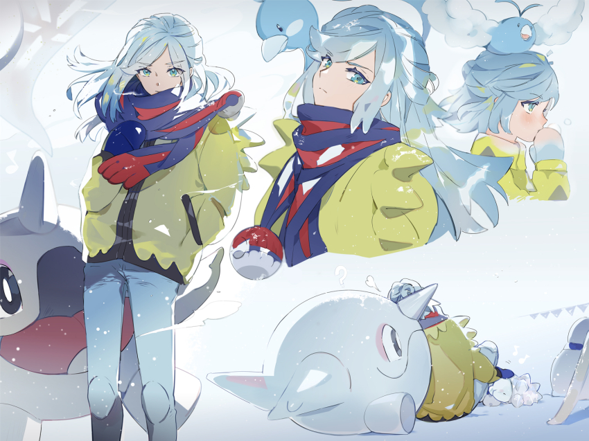 1boy aged_down altaria androgynous blue_eyes blue_hair blue_mittens cetoddle gen_3_pokemon gen_8_pokemon grusha_(pokemon) jacket long_hair long_sleeves looking_at_viewer mittens multiple_views nintendo pants pokemon pokemon_(creature) pokemon_sv scarf scarf_over_mouth snom striped_clothes striped_scarf suou_(sdurorhr) swablu trap two-tone_scarf yellow_jacket