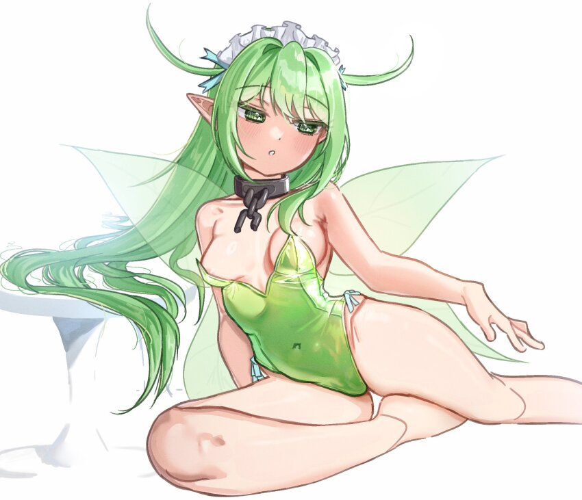 1girl areola_slip bare_arms bare_legs bare_shoulders barefoot black_souls black_souls_2 breasts collar covered_navel fairy_wings green_eyes green_hair green_leotard green_wings hair_between_eyes hair_intakes highres leaf_(black_souls) leotard light_blush long_hair looking_down looking_to_the_side maid_headdress otaichiichi parted_lips pointy_ears sitting small_breasts solo strapless strapless_leotard two_side_up very_long_hair white_background wings