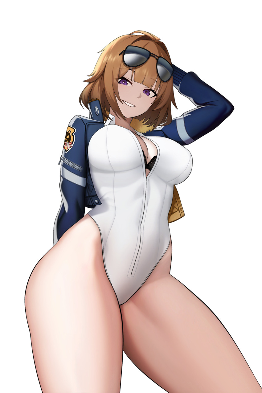 1girl alternate_costume black_bra blue_jacket bra breasts brown_hair cero_(last2stage) collared_leotard commentary commission covered_navel cropped_jacket english_commentary eyewear_on_head girls&#039;_frontline grin grizzly_mkv_(girls&#039;_frontline) highres jacket large_breasts leotard long_sleeves looking_at_viewer looking_down medium_hair open_clothes open_jacket purple_eyes simple_background smile solo underwear white_background white_leotard