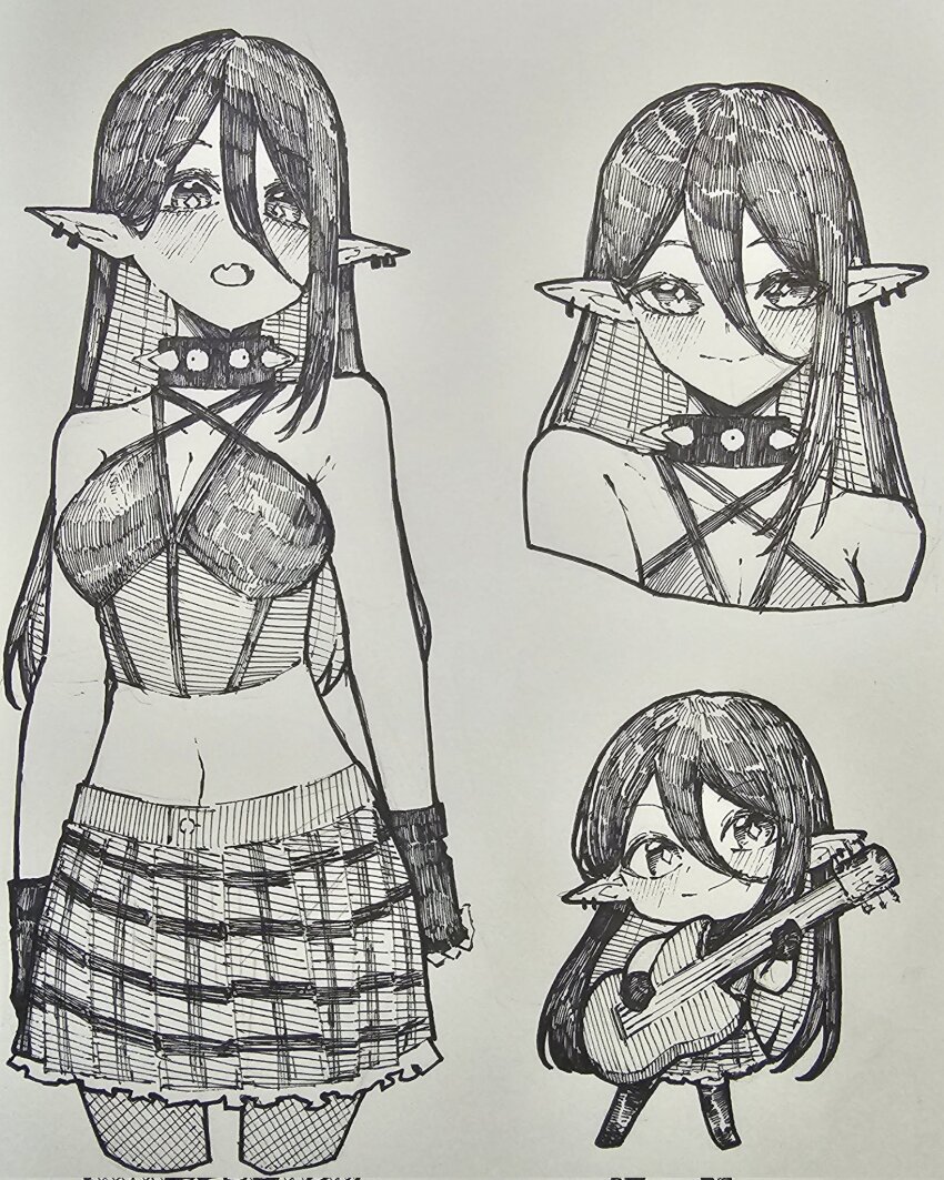 1girl borrowed_character chibi collar earrings epeulu_(ate5424) fishnet_pantyhose fishnets guitar highres instrument jewelry multiple_views pantyhose pointy_ears spiked_collar spikes traditional_media