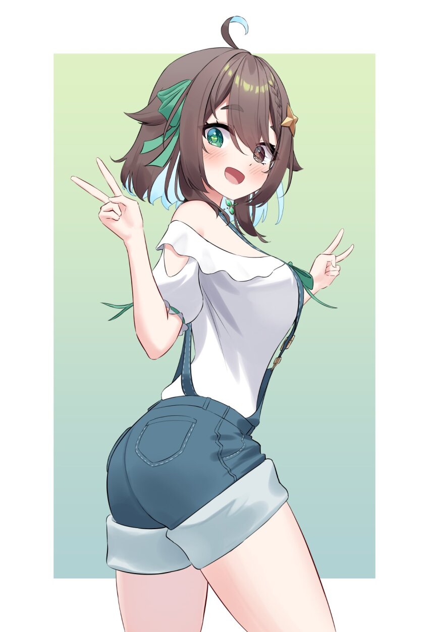 1girl :d ahoge aqua_hair black_choker blue_background blue_hair blush border bow bowtie braid brown_eyes brown_hair choker colored_inner_hair commentary_request cowboy_shot cross-shaped_pupils denim denim_shorts double_v eyes_visible_through_hair from_side gradient_background green_background green_bow green_bowtie green_eyes green_ribbon hair_between_eyes hair_bow hair_flaps hair_ornament heterochromia highres indie_virtual_youtuber looking_at_viewer looking_to_the_side medium_hair meica_(vtuber) meica_(vtuber)_(old_design) mismatched_pupils multicolored_hair off-shoulder_shirt off_shoulder open_mouth outside_border overall_shorts overalls pendant_choker pmasterm puffy_short_sleeves puffy_sleeves ribbon ribbon-trimmed_sleeves ribbon_trim shirt short_shorts short_sleeves shorts shorts_rolled_up single_braid smile solo spanish_commentary sprout-shaped_pupils sprout_pendant star_(symbol) star_hair_ornament suspenders symbol-shaped_pupils thick_eyebrows v virtual_youtuber white_border white_shirt