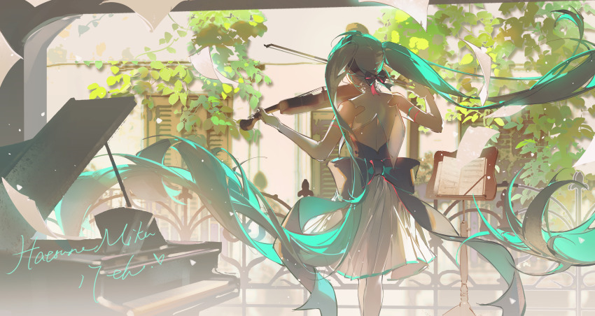 1girl absurdres anniversary back_bow bare_shoulders black_bow black_corset blinders blue_hair bow bow_(music) chinese_commentary commentary commentary_request corset cowboy_shot day dress elbow_gloves english_commentary floating_hair gloves hair_bow hatsune_miku highres holding holding_bow_(music) holding_instrument holding_violin indoors instrument leaf light_particles long_hair mixed-language_commentary music paper piano plant playing_instrument pleated_dress railing sheet_music short_dress sleeveless sleeveless_dress solo very_long_hair vines violin vocaloid white_dress white_gloves window z-ho