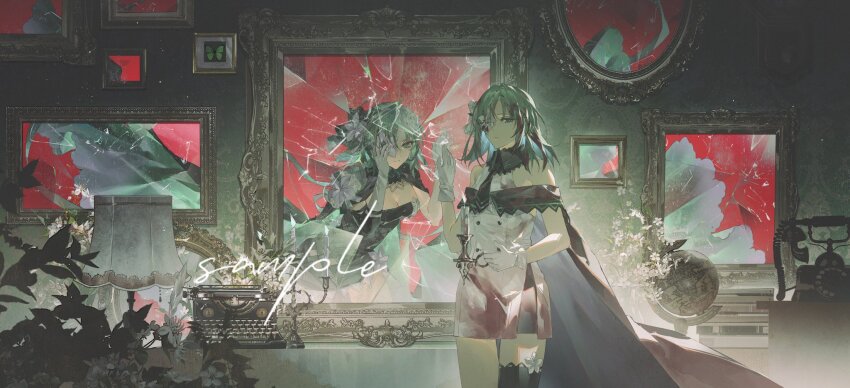 arcaea black_cape black_dress breasts broken_mirror bug butterfly candle cape dress flower flower_over_eye green_eyes green_hair hair_flower hair_ornament highres insect looking_at_viewer mirror picture_frame sample_watermark saya_(arcaea) schwarzald typewriter watermark white_dress