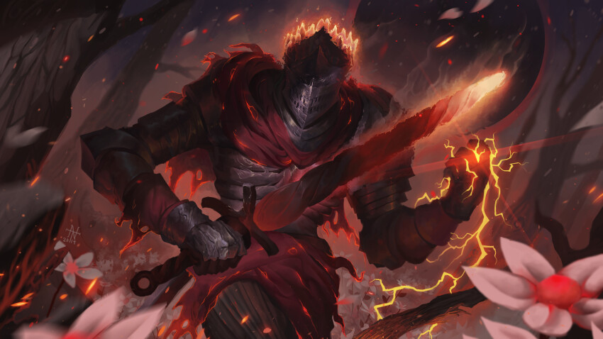 1boy absurdres armor bare_tree cape coiled_sword dark_souls_(series) dark_souls_iii eclipse embers fire flower full_armor glowing helm helmet highres holding holding_sword holding_weapon knight petals shoulder_armor solar_eclipse solo soul_of_cinder standing sword thearkon torn_cape torn_clothes tree weapon