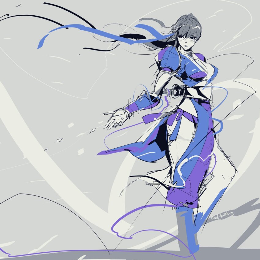 1girl arm_guards bare_hips blue_ribbon breasts cleavage dead_or_alive full_body hair_ribbon highres japanese_clothes kasumi_(doa) katana large_breasts long_hair ninja pelvic_curtain ponytail puffy_short_sleeves puffy_sleeves ribbon short_sleeves signature simple_background sketch solo sword weapon wolfmarker