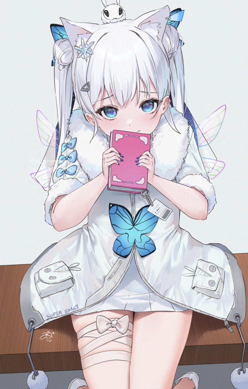 1girl animal animal_ear_fluff animal_ears animal_on_head bandaged_leg bandages blue_butterfly blue_eyes blue_nails bug butterfly butterfly_hair_ornament cat_ears closed_mouth double_bun flat_chest fur-trimmed_jacket fur-trimmed_sleeves fur_trim goddess_of_victory:_nikke hair_between_eyes hair_bun hair_ornament highres holding holding_notebook insect jacket knees_together_feet_apart long_hair looking_at_viewer n102_(miracle_fairy)_(nikke) n102_(nikke) notebook official_alternate_costume on_head pepeo pom_pom_(clothes) shoes sidelocks signature simple_background sitting skindentation skirt snowflake_hair_ornament solo twintails watermark white_hair white_jacket white_shoes white_skirt winged_hair_ornament