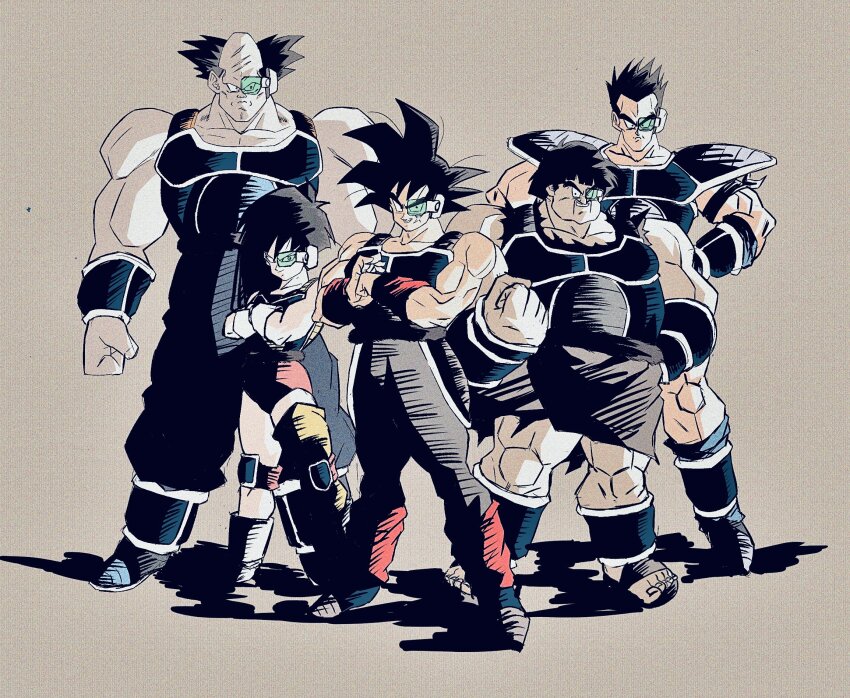 1girl 4boys armband balding bardock black_eyes black_hair boots bracer clenched_hand collarbone cracking_knuckles cross_scar crossed_arms dragon_ball dragonball_z facial_hair facial_scar hands_on_own_hips highres leotard looking_at_viewer monkey_tail multiple_boys muscular muscular_male mustache oharu2000 panbukin_(dragon_ball) saiyan saiyan_armor scar scar_on_cheek scar_on_face scar_on_head scouter seripa shaded_face sleeveless spiked_hair standing tail tail_around_waist toma_(dragon_ball) toriyama_akira_(style) toteppo