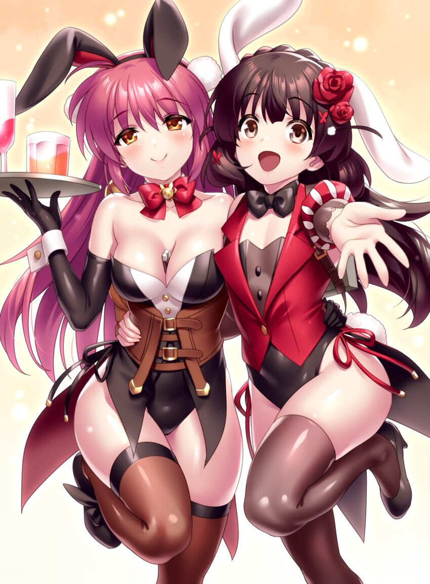 1boy 1girl :d absurdres animal_ears arm_around_waist bare_shoulders black_bow black_bowtie black_footwear black_gloves black_hair black_leotard black_thighhighs blush bow bowtie braid breasts brown_eyes brown_thighhighs c: cleavage closed_mouth commentary commission company_connection cosplay crown_braid cup curvy drinking_glass elbow_gloves english_commentary eyes_visible_through_hair fake_animal_ears fake_tail floppy_ears flower futaki_kanata glass gloves hair_between_eyes hair_flower hair_ornament haizakura_(prima_doll) haizakura_(prima_doll)_(cosplay) hand_up happy high_heels highleg highleg_leotard highres holding holding_tray hug karasuba_(prima_doll) karasuba_(prima_doll)_(cosplay) key_(company) large_breasts leotard little_busters! long_hair looking_at_viewer naoe_riki open_mouth outstretched_arm playboy_bunny pom_pom_(clothes) pom_pom_hair_ornament prima_doll_(anime) purple_hair rabbit_ears rabbit_tail red_bow red_bowtie red_flower red_rose rose second-party_source shiny_skin side-by-side simple_background skeb_commission smile standing standing_on_one_leg strapless strapless_leotard tail tareme thighhighs thighs trap tray tsurime very_long_hair white_wrist_cuffs wine_glass wrist_cuffs yellow_background yellow_eyes zen_(kamuro)