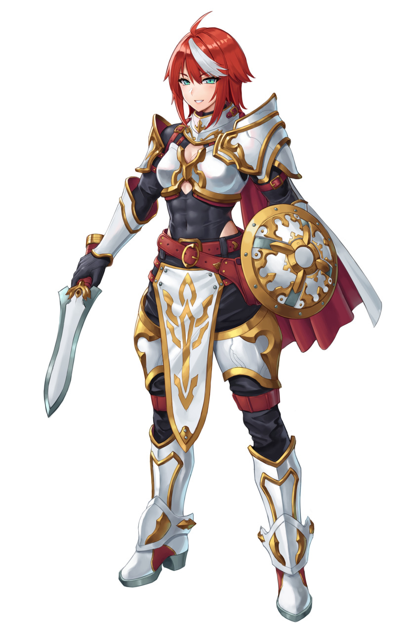 1girl absurdres ahoge aqua_eyes armor armored_boots belt black_gloves black_pants bodystocking boots breasts cleavage commentary_request covered_abs covered_navel full_body gloves grin hair_between_eyes highres holding holding_shield holding_sword holding_weapon holster knight looking_at_viewer medium_breasts multicolored_hair original pants pelvic_curtain ranma_(kamenrideroz) red_belt red_hair shield short_hair short_sword shoulder_armor sidelocks simple_background smile solo standing sword teeth thigh_armor tomboy two-tone_hair vambraces weapon white_armor white_background white_hair