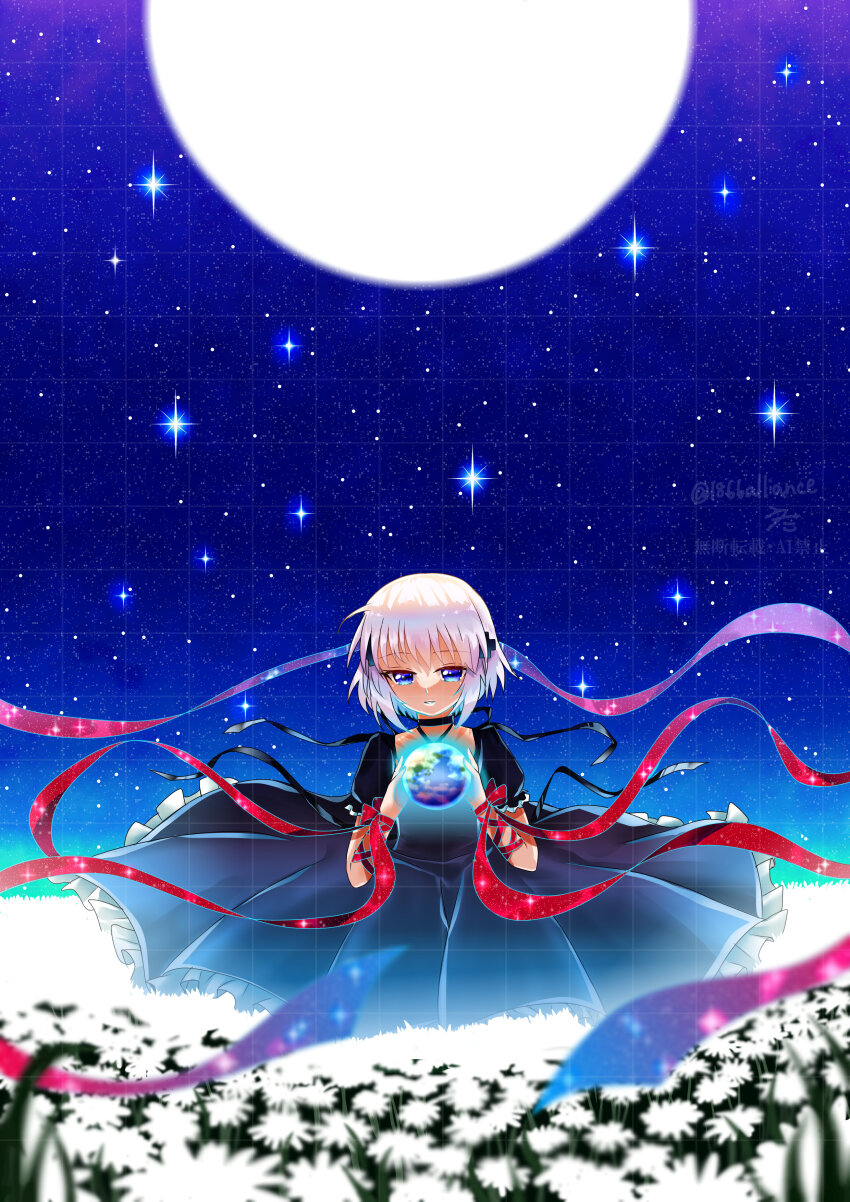 1866alliance 1girl absurdres arm_ribbon black_choker black_dress blue_eyes blurry bow choker commentary_request criss-cross_halter cross_hair_ornament depth_of_field dress earth_(planet) field floating_clothes flower flower_field frilled_dress frilled_sleeves frills full_body full_moon grey_hair hair_ornament halterneck hands_up highres holding_planet kagari_(rewrite) long_dress long_ribbon looking_at_object moon night outdoors parted_lips planet puffy_short_sleeves puffy_sleeves red_bow red_ribbon rewrite ribbon short_hair short_sleeves sky solo star_(sky) starry_sky twitter_username watermark white_flower wrist_bow