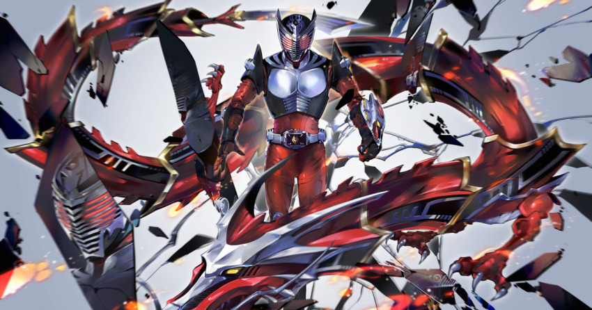 badluck card_deck_(ryuki) claws compound_eyes deck_of_cards dragon dragreder dragvisor kamen_rider kamen_rider_ryuki kamen_rider_ryuki_(series) knight mirror mirror_image red_eyes rider_belt sword v_buckle weapon yellow_eyes