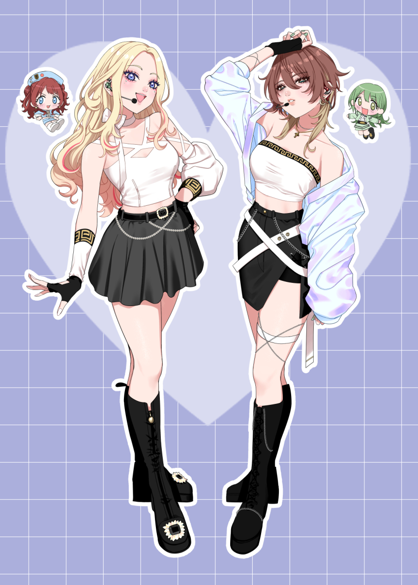 4girls aketa_mikoto belt black_boots black_gloves black_skirt blonde_hair blush boots breasts brown_hair chibi chibi_inset cropped_shirt earrings fingerless_gloves full_body gakuen_idolmaster gloves green_hair grid_background hanami_saki headset heart highres idolmaster idolmaster_shiny_colors in-franchise_crossover jacket jacket_partially_removed jewelry juo_sena knee_boots looking_at_viewer maou_(demonlord) medium_breasts midriff multicolored_hair multiple_girls nanakusa_nichika outline pink_hair pleated_skirt purple_background shirt skirt sleeveless sleeveless_shirt smile strapless streaked_hair thigh_strap tube_top two-tone_hair white_jacket white_outline white_shirt white_tube_top