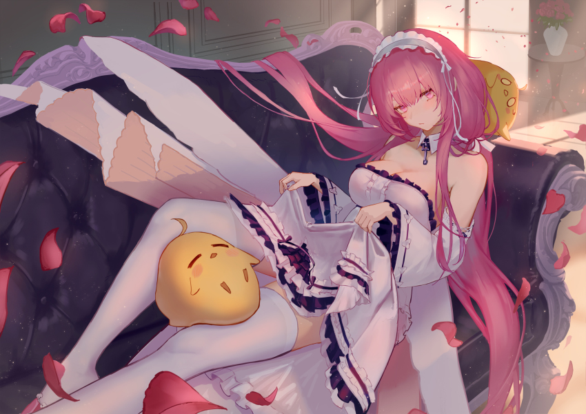 1girl absurdly_long_hair azur_lane breasts cleavage couch detached_sleeves dress feet_out_of_frame frilled_dress frilled_hairband frills hair_spread_out hairband hat highres indoors large_breasts long_hair long_sleeves lying manjuu_(azur_lane) nurse nurse_cap official_alternate_costume on_back on_couch perseus_(azur_lane) petals pink_eyes pink_hair shigma solo thighhighs twintails vase very_long_hair white_dress white_headwear white_thighhighs