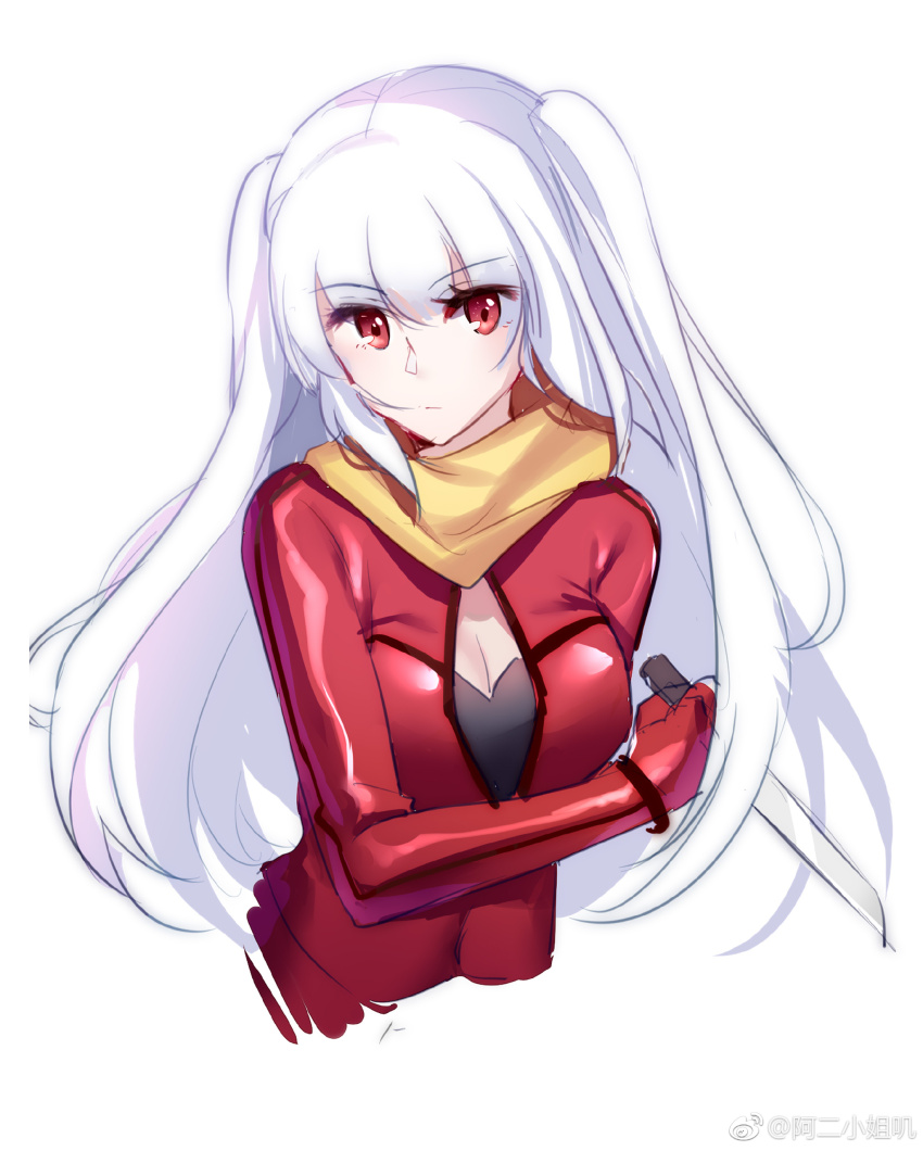 1girl absurdres aer_(tengqiu) bodysuit breasts cleavage cleavage_cutout clothing_cutout essex_(warship_girls_r) gloves highres holding holding_knife knife long_hair looking_at_viewer medium_breasts red_eyes scarf simple_background solo two_side_up upper_body warship_girls_r watermark weapon weibo_watermark white_background white_hair yellow_scarf