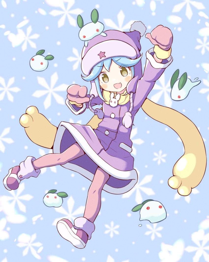1girl arm_up blue_hair blush_stickers brown_eyes fang full_body gloves highres jazz_grace open_mouth pantyhose pink_gloves pink_pantyhose pom_pom_(clothes) purple_footwear purple_headwear puyopuyo puyopuyo_quest ruda_(puyopuyo) scarf short_hair skin_fang snow_rabbit snowflakes solo yellow_scarf