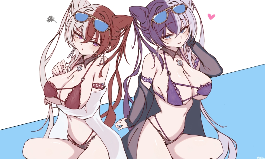 1006kbps 2girls absurdres annoyed arm_under_breasts azur_lane bikini blue_eyes breasts chao_ho_(azur_lane) cleavage cone_hair_bun crossed_bangs double_bun eyewear_on_head hair_bun hair_intakes heart highres large_breasts light_blush long_hair looking_at_viewer multicolored_hair multiple_girls navel official_alternate_costume purple_bikini purple_eyes purple_hair red_bikini red_hair siblings simple_background sisters split-color_hair stomach sunglasses swimsuit white_hair ying_swei_(azur_lane) ying_swei_(blue_waves_limpid_summer)_(azur_lane)