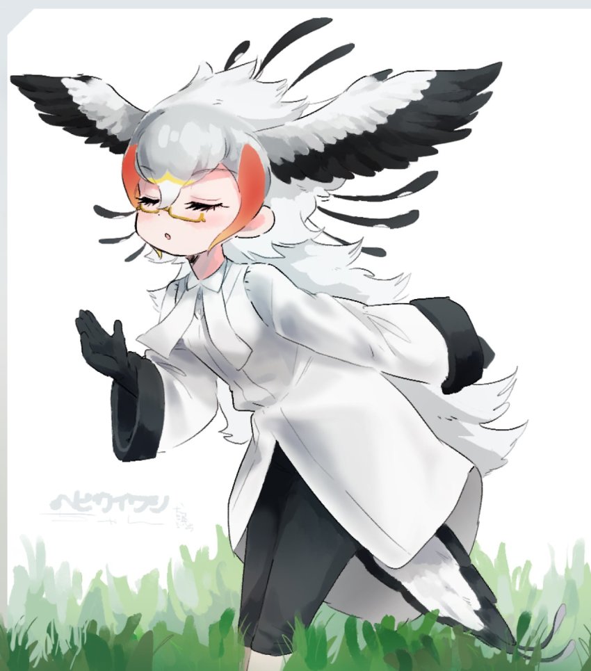 1girl bird_girl bird_tail bird_wings black_gloves black_hair black_pants blonde_hair capri_pants coat collared_shirt commentary_request closed_eyes gloves grass hair_between_eyes head_wings highres inu_(user_arjr4358) kemono_friends long_coat long_hair multicolored_hair pants pantyhose red_hair secretarybird_(kemono_friends) semi-rimless_eyewear shirt solo streaked_hair tail white_coat white_hair white_neckwear wings