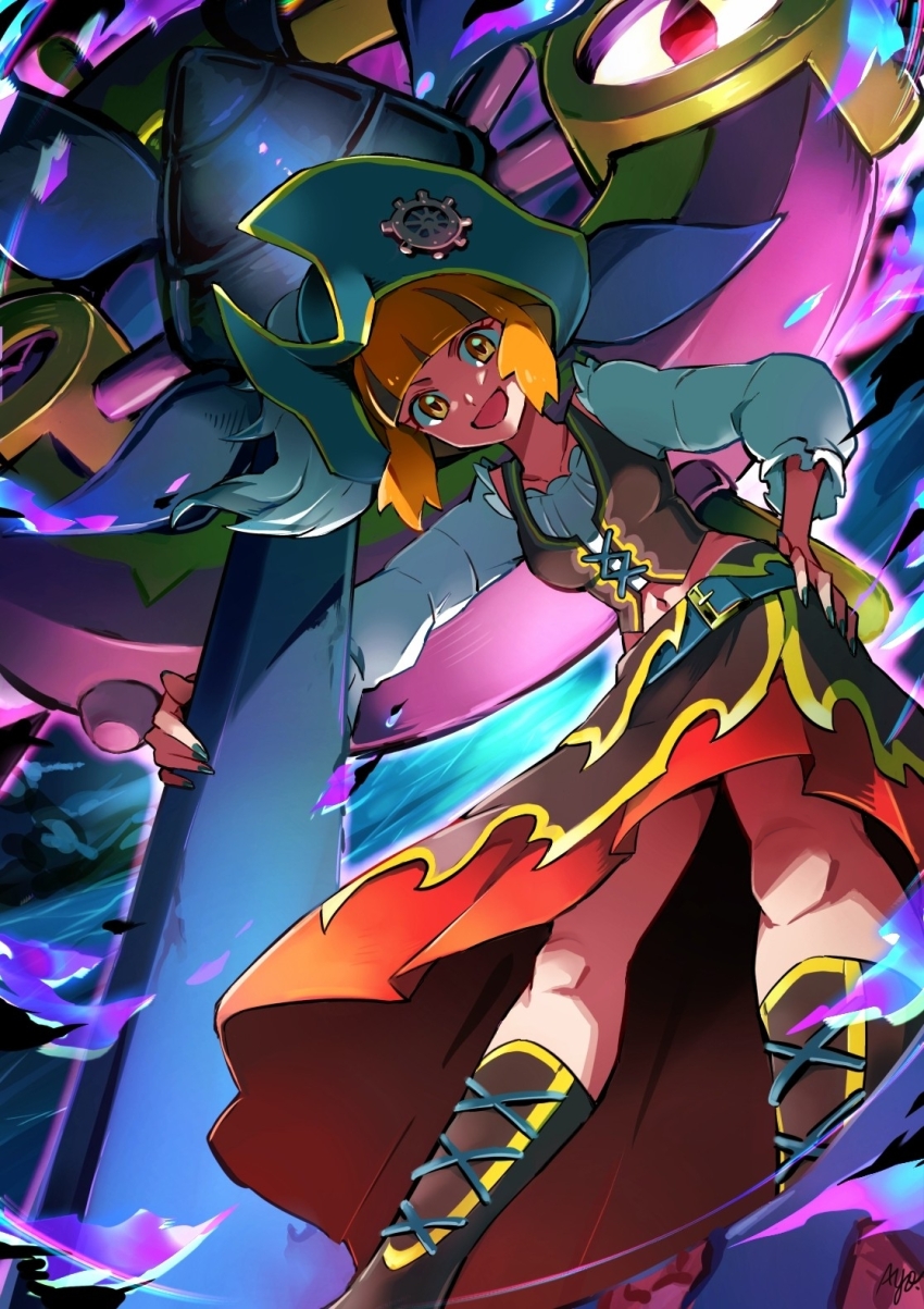 1girl :d ayo_(ayosanri009) black_hair blunt_bangs dhelmise from_below gardenia_(pokemon) gardenia_(summer_2024)_(pokemon) gen_7_pokemon green_hat green_nails hand_on_own_hip hat highres long_sleeves looking_at_viewer midriff multicolored_hair navel nintendo official_alternate_costume open_mouth orange_eyes orange_hair pirate_costume pirate_hat pokemon pokemon_(creature) pokemon_masters_ex skirt smile two-tone_hair