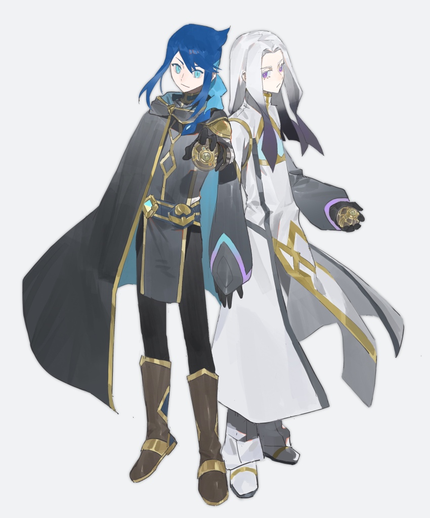 2boys absurdres aqua_eyes black_gloves black_pants blue_hair boots brown_footwear cape closed_mouth coat gibeon_(pokemon) gloves hazel_maier highres holding long_hair lucius_(pokemon) male_focus multiple_boys nintendo pants pokemon pokemon_(anime) pokemon_horizons purple_eyes shoes sidelocks standing white_background white_hair