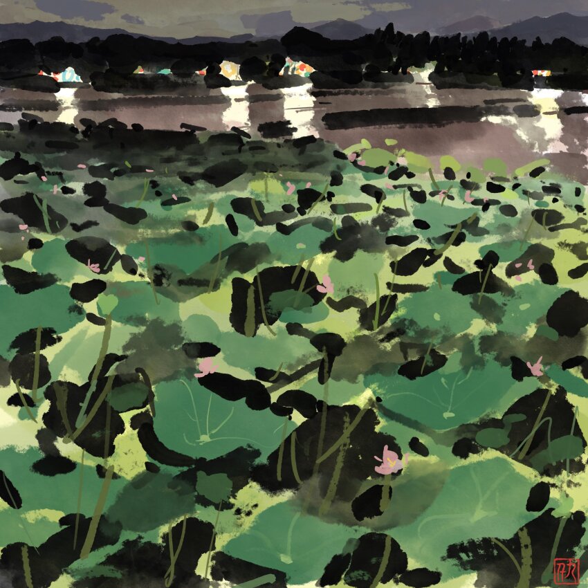 building city city_lights highres lake neo1900 night night_sky no_humans original plant reflection reflective_water scenery shore sky skyline