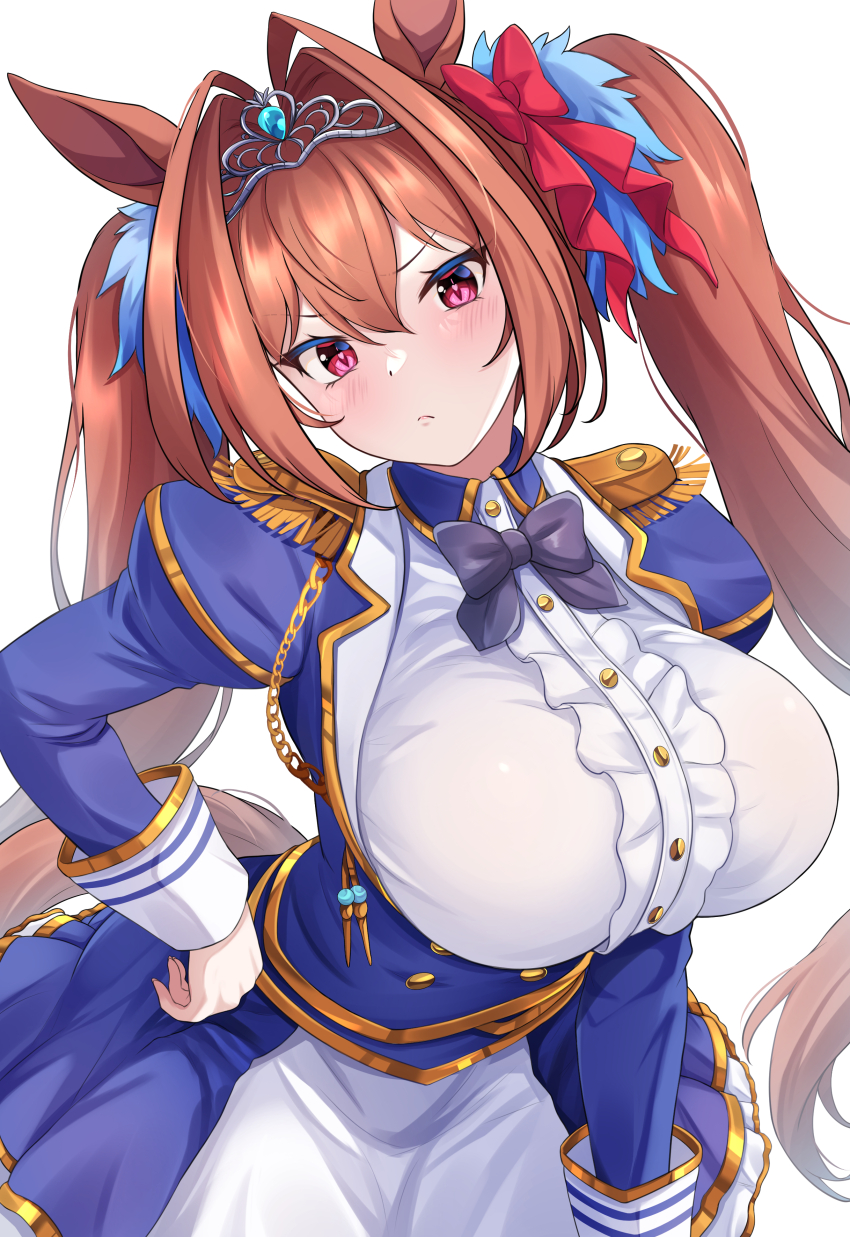 1girl absurdres animal_ears blush breasts brown_hair commentary_request daiwa_scarlet_(umamusume) epaulettes highres horse_ears horse_girl large_breasts long_hair long_sleeves looking_at_viewer maimuu simple_background solo tiara twintails umamusume white_background