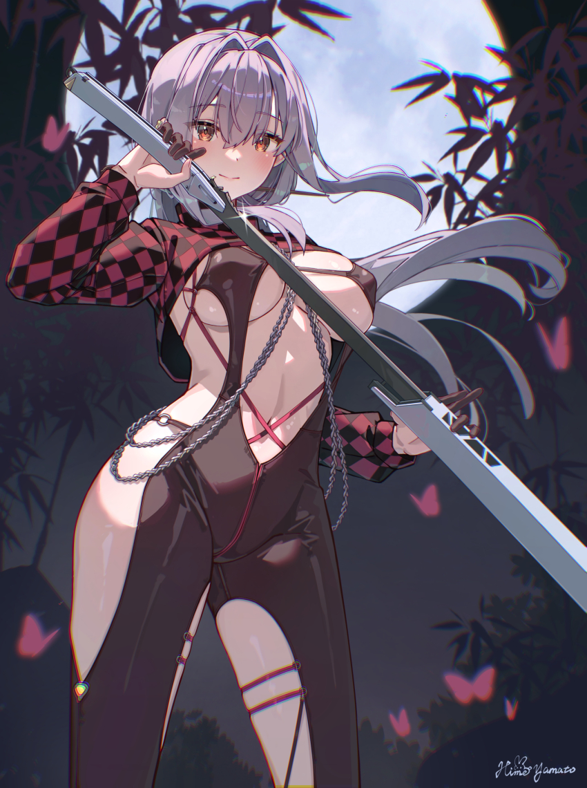 1girl black_bodysuit body_chain bodysuit breasts center_opening checkered_shrug clothing_cutout commentary_request cowboy_shot double-parted_bangs drawing_sword finger_cots floating_hair full_moon goddess_of_victory:_nikke grey_hair hair_between_eyes hair_intakes highres himeyamato holding holding_sheath holding_sword holding_weapon large_breasts long_hair moon navel night orange_eyes red_shrug revision scarlet_(nikke) scarlet_(racer&#039;s_high)_(nikke) sheath shrug_(clothing) sideboob sideless_outfit standing sword thigh_cutout underboob unsheathing very_long_hair weapon
