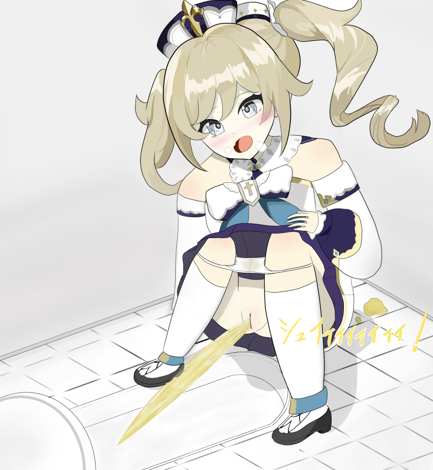 1girl absurdres barbara_(genshin_impact) bathroom blush bow breath brown_hair cross cross_print detached_sleeves dress drill_hair genshin_impact grey_eyes hat heavy_breathing highres k_(pixiv_109199668) kneehighs long_hair long_sleeves looking_down open_mouth panties panty_pull pee_stain peeing print_bow puddle puff_of_air pussy relief shoes sleeveless sleeveless_dress socks squat_toilet squatting stained_panties toilet toilet_use twin_drills twintails underwear wet wet_clothes wet_panties white_bow white_dress white_hat white_panties white_shoes white_socks