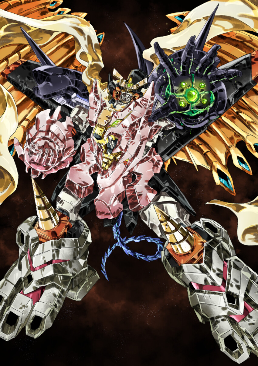 absurdres betterman betterman_cataphract clenched_hand fusion gaogaigar garimpeiro hakaiou:_gaogaigar_vs._betterman highres looking_at_viewer mecha mecha_focus mechanical_wings no_humans open_hand orange_eyes outstretched_arm robot science_fiction space super_robot v-fin wings yuusha_ou_gaogaigar yuusha_series