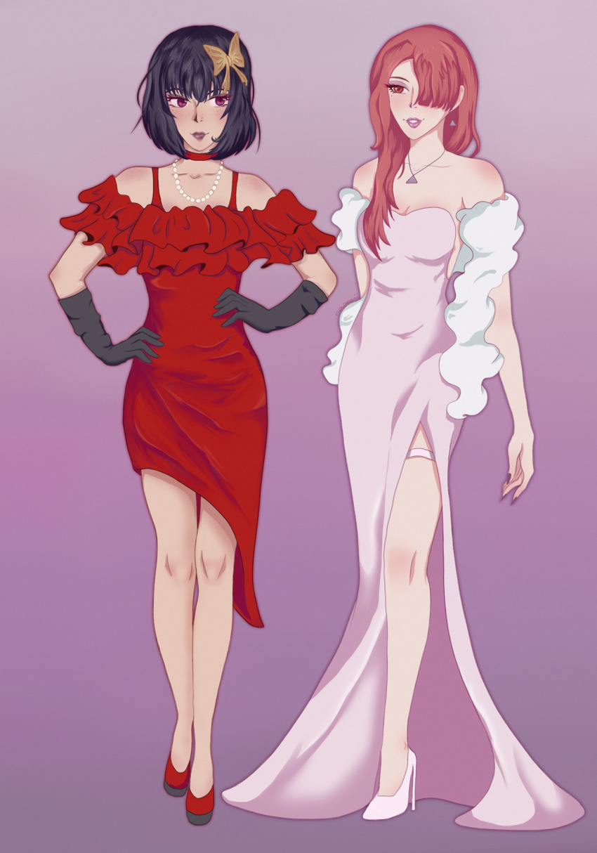 2girls bare_shoulders black_gloves black_nails bracelet bungou_stray_dogs butterfly_hair_ornament dress eel feather_boa frilled_dress frills gloves hair_ornament hair_over_one_eye highres jewelry long_hair multiple_girls necklace newmorii ozaki_kouyou_(bungou_stray_dogs) pink_background pink_dress red_dress red_footwear short_hair yosano_akiko_(bungou_stray_dogs)