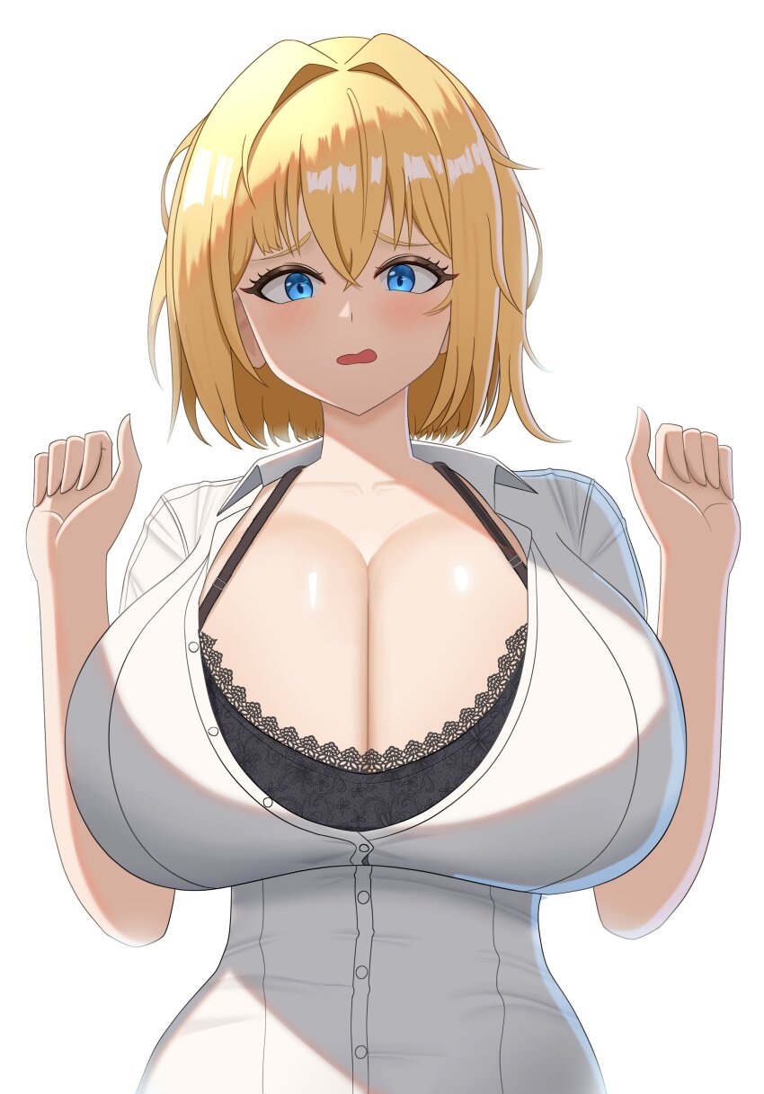 1girl absurdres blonde_hair blue_eyes blush breasts cleavage cowboy_shot embarrassed highres huge_breasts looking_at_viewer medium_hair original self-upload shirt solo upper_body white_background white_shirt yissou_art