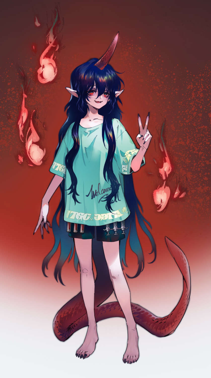 1girl absurdres barefoot black_hair black_nails black_shorts blue_shirt commentary_request fingernails fire full_body hair_between_eyes highres hitodama horns lizard_tail long_bangs long_hair looking_at_viewer momijigari open_mouth pointy_ears red_background red_eyes red_horns sharp_fingernails sharp_toenails shirt shorts single_horn smile solo syringe t-shirt tail tenkajin_chiyari toenails touhou v very_long_hair wavy_hair