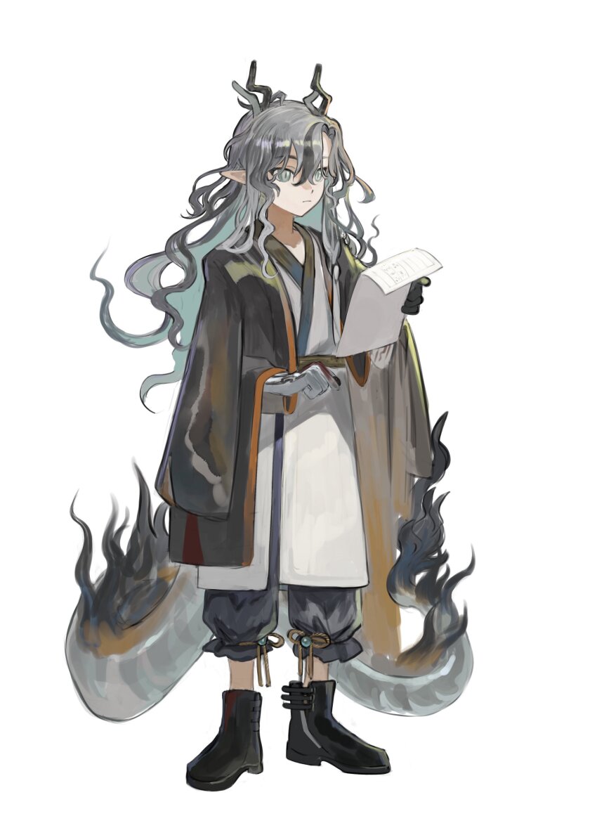 1boy absurdres aged_down arknights black_jacket black_shoes chinese_clothes colored_inner_hair colored_skin commentary_request dragon_boy dragon_horns dragon_tail green_hair grey_eyes grey_hair highres holding holding_paper horns jacket male_focus multicolored_hair paper pointy_ears shoes simple_background slit_pupils solo tail white_background yomotobi zhi_(arknights)