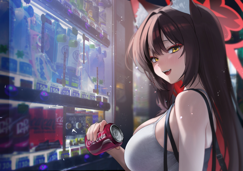 1girl absurdres alternate_costume animal_ear_fluff animal_ears bare_shoulders blue_archive breasts brown_hair camisole can coca-cola commentary daehoak drink_can fang fox_ears fox_girl from_side hair_between_eyes hair_intakes halo highres holding holding_can large_breasts light_particles long_hair looking_at_viewer open_mouth red_halo skindentation smile solo symbol-only_commentary teeth upper_teeth_only vending_machine wakamo_(blue_archive) white_camisole yellow_eyes