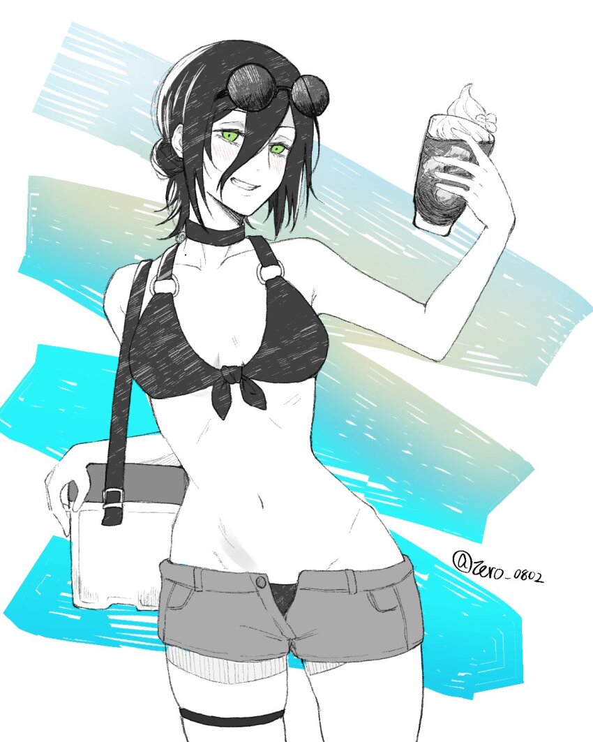 1girl alternate_costume bikini bikini_bottom_under_shorts bikini_under_clothes breasts chainsaw_man choker commentary_request cup eyewear_on_head green_eyes grenade_pin grin hair_between_eyes hair_bun highres holding holding_cup looking_at_viewer madaosw medium_breasts medium_hair open_fly partially_colored reze_(chainsaw_man) round_eyewear short_shorts shorts smile solo swimsuit teeth thigh_strap twitter_username