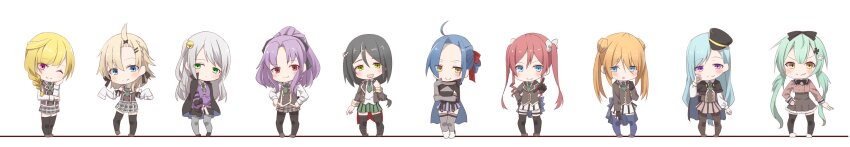 &gt;:) 6+girls :d ;) absurdres ahoge assault_lily bangs_pinned_back bell black_bow black_bowtie black_cloak black_flower black_footwear black_gloves black_hair black_jacket black_pantyhose black_thighhighs black_vest blonde_hair blue_eyes blue_hair blue_thighhighs blush bow bowtie braid braided_ponytail brown_footwear brown_jacket buttons cardigan chibi cloak closed_mouth collared_shirt commentary cropped_jacket dark_skin detached_sleeves double-breasted double_bun flower folded_ponytail frilled_skirt frills full_body gloves green_eyes green_necktie green_skirt grey_hair grey_pantyhose grey_skirt grey_thighhighs gumoyu hair_bell hair_between_eyes hair_bow hair_bun hair_flower hair_ornament hair_ribbon hairclip hand_on_own_arm hand_on_own_cheek hand_on_own_face hand_on_own_hip hand_up hands_on_own_hips hands_up hat heel_up hibino_waku hidai_miyazu high-waist_skirt high_collar high_ponytail highres jacket jingle_bell kusakabe_murasame kusakabe_rengetsu long_hair long_image long_sleeves looking_at_viewer low_ponytail medium_hair miniskirt miyamoto_komuku multiple_girls nakabayashi_kaina necktie nishikawa_miharu one_eye_closed one_side_up open_clothes open_jacket open_mouth orange_hair outstretched_arm pantyhose parted_bangs partially_fingerless_gloves peaked_cap pearl_hair_ornament plaid_clothes plaid_skirt pleated_skirt pointing pointing_at_viewer ponytail purple_cardigan purple_eyes purple_hair raised_eyebrows red_eyes red_hair red_ribbon ribbon school_uniform shirt shoes short_hair short_necktie siblings side_braid side_ponytail sidelocks simple_background single_braid sisters skirt sleeve_bow sleeves_past_fingers sleeves_past_wrists smile standing striped_clothes striped_skirt swept_bangs tejima_komachi thighhighs tilted_headwear triangle_mouth twintails ueda_imari v-shaped_eyebrows vertical-striped_clothes vertical-striped_skirt very_long_hair vest white_background white_bow white_flower white_footwear white_shirt white_skirt white_thighhighs wide_image yellow_eyes yoshii_kasumiko zettai_ryouiki